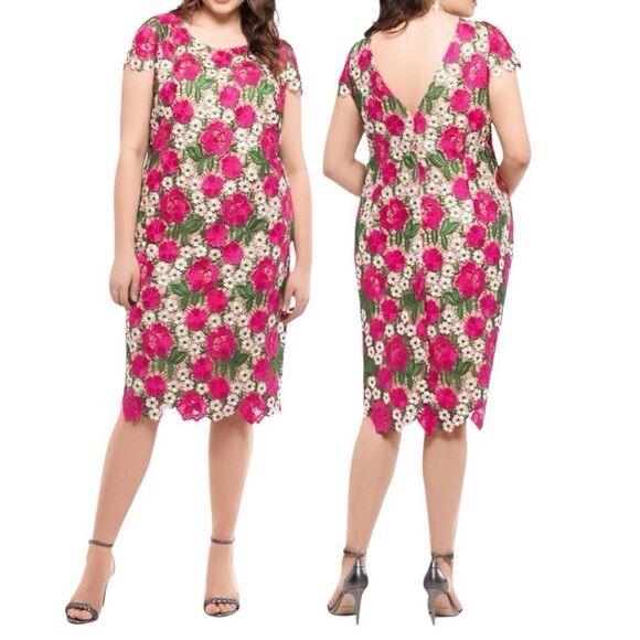 Xscape Womens Embroidered Knee Sheath Dress in the Size 14W in Fuchsia Multi - Picture 2 of 9